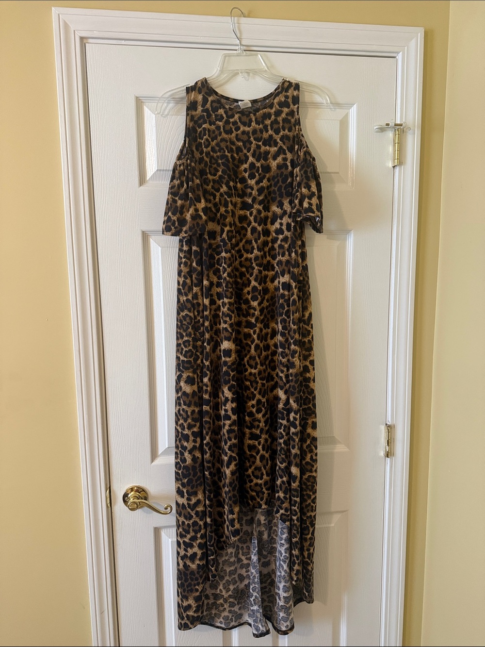 Leopard Print Cold-Shoulder Asymmetrical Maxi Dress - Brown